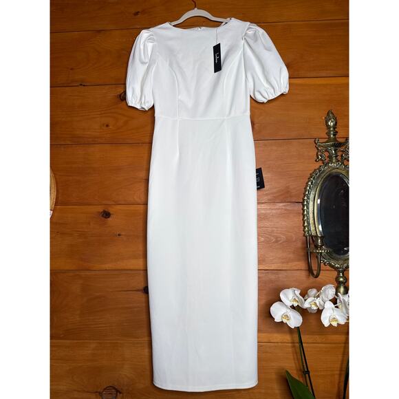 NWT Lulus Simply Beloved White Puff Sleeve Bodycon Midi Dress Gala Banquet Sz M - Picture 2 of 8